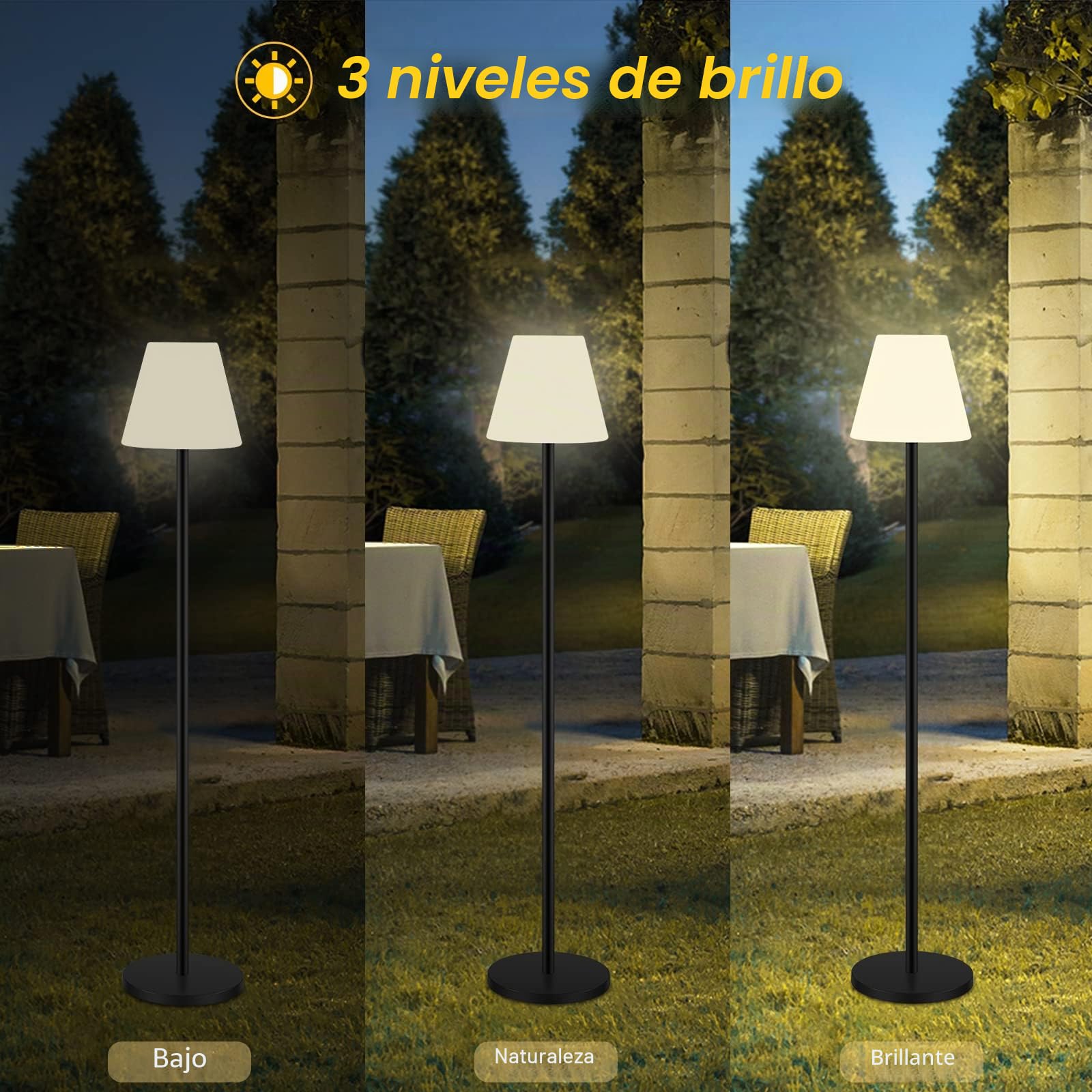 Lámpara de pie solar impermeable para interiores y exteriores, lámpara de pie inalámbrica recargable por USB con sensor de luz, lámparas solares LED regulables de brillo para patio, jardín y césped.