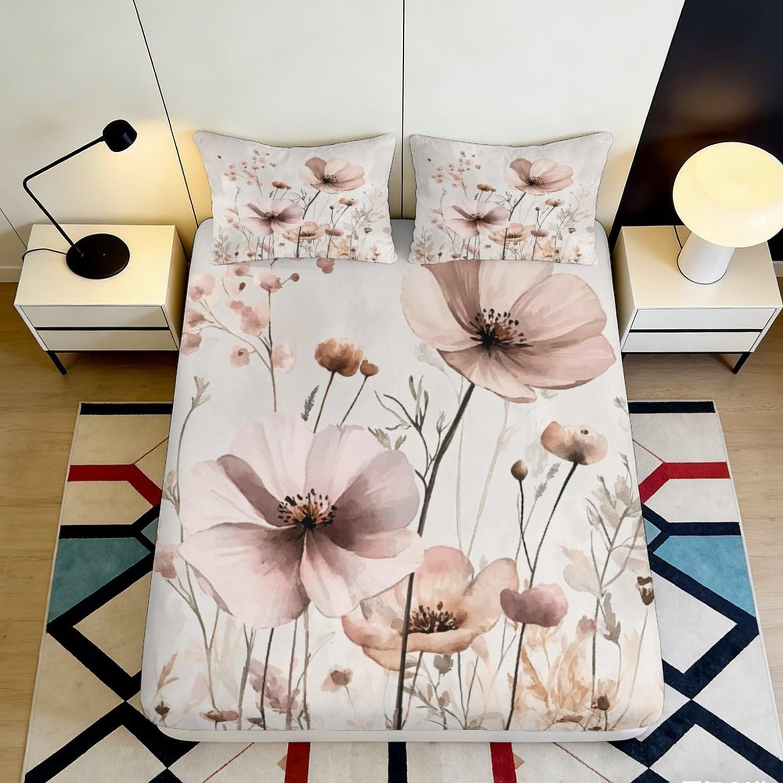 3D Printed Watercolor Floral Fitted Sheet Microfiber Soft Pink Poppy Blossom Bed Cover for Bedroom Guest Room Decor 90x200x25cm