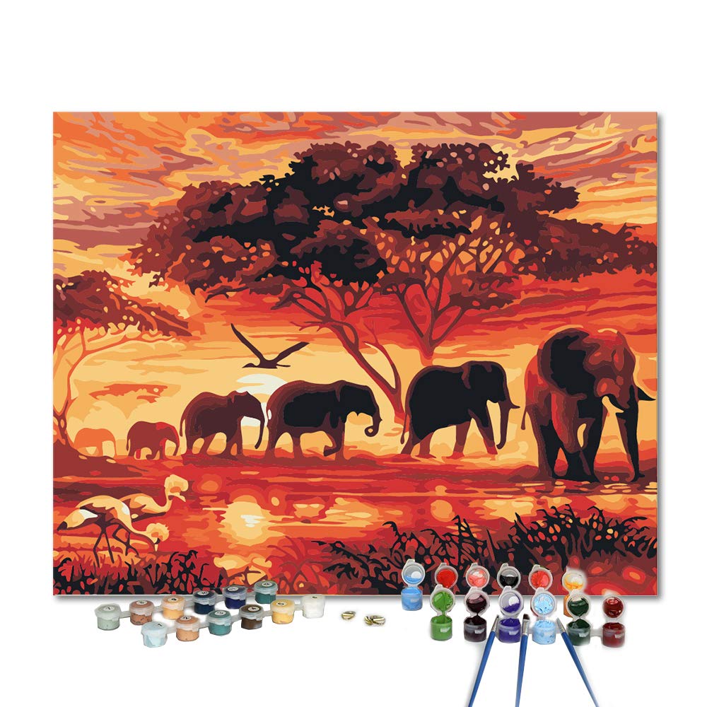 DonElton Pintar por numeros Adultos – Cuadros para Pintar por números con Pinceles y Colores Brillantes - Lienzos para Pintar con Dibujo – Sin Marco (Elefantes)