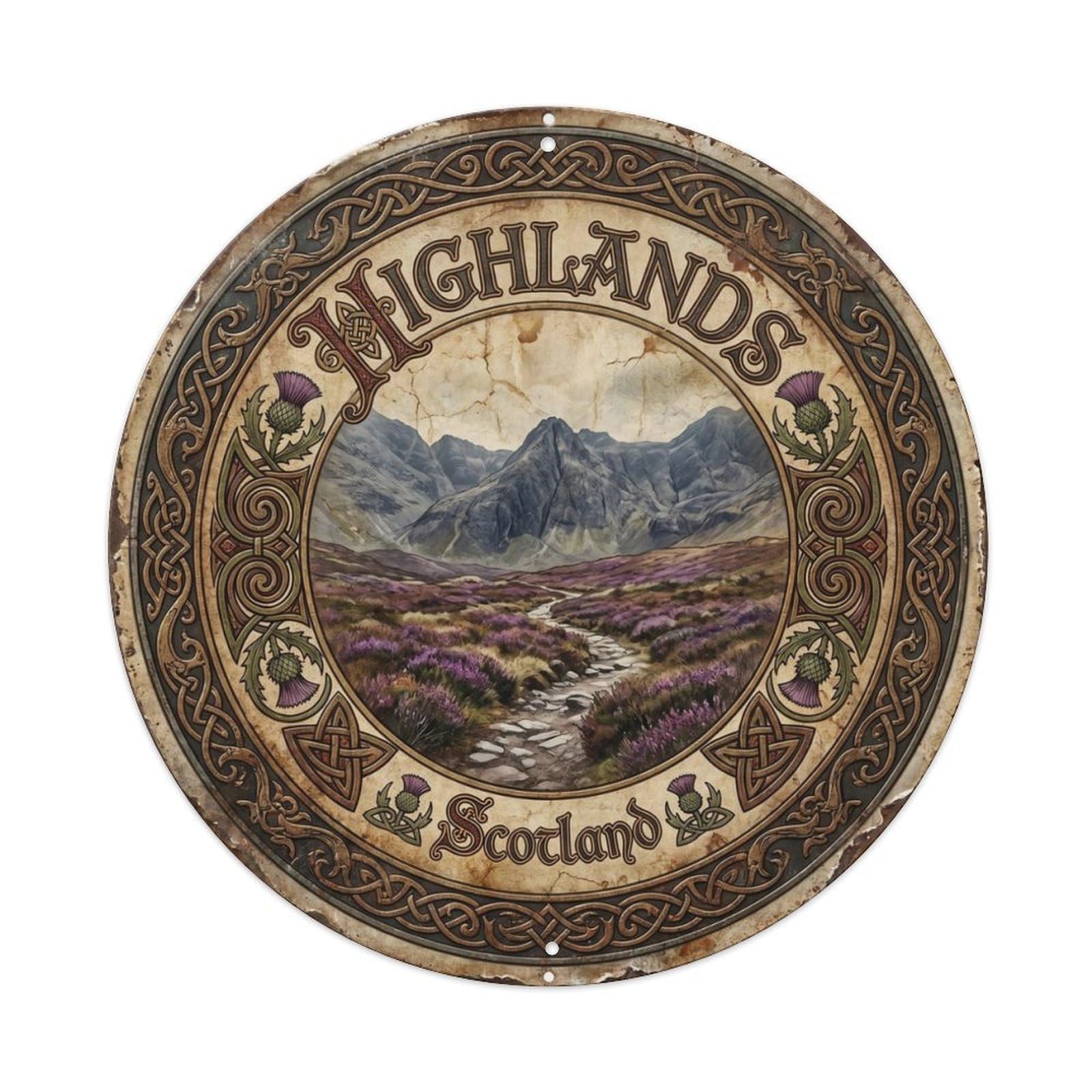 Vintage Travel Scottish Highlands Peaks Metal Tin Sign Plaque Wall Decor for Cafe, Club Bar, Office, Home Garden Round Metal Poster 8x8Inch