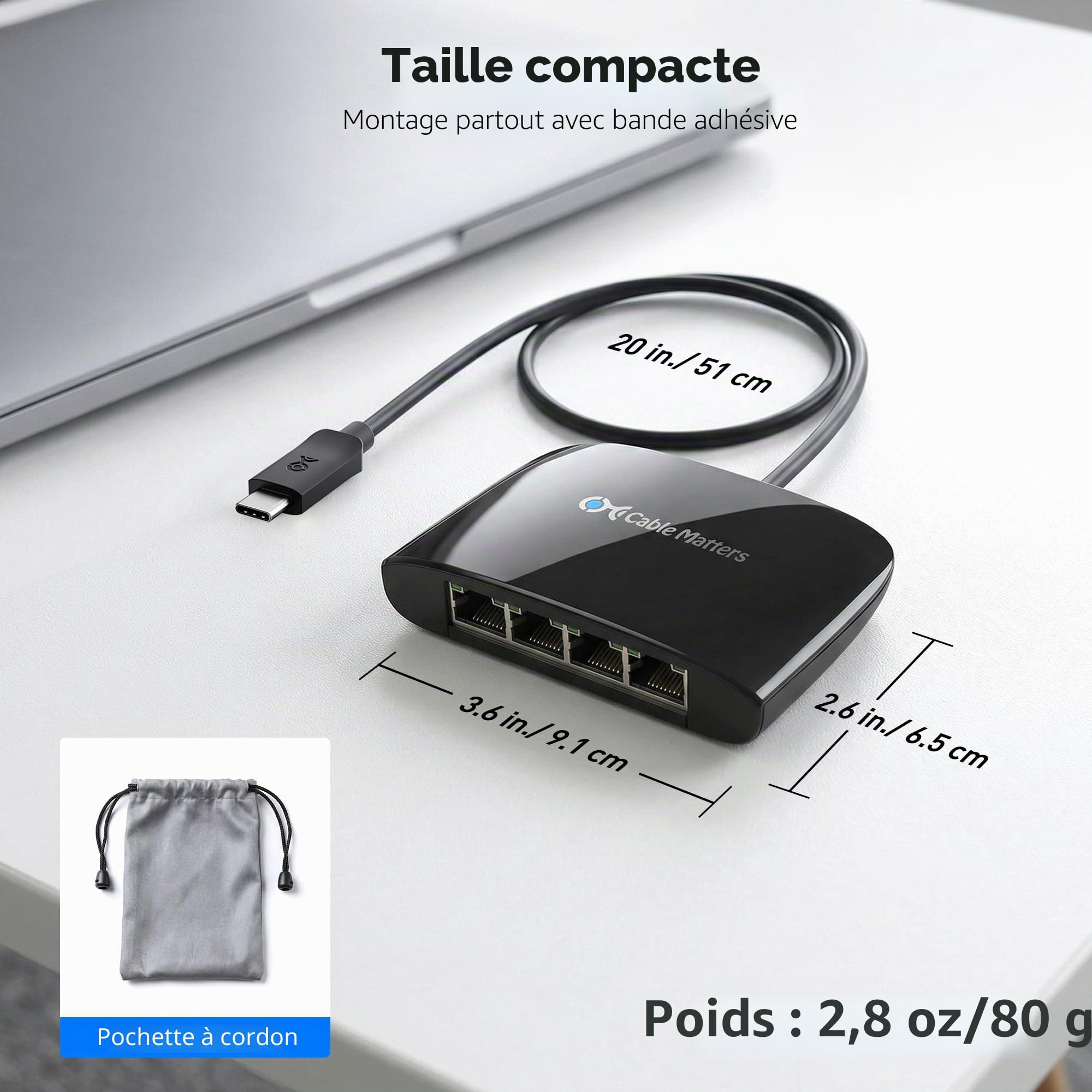 Cable Matters Commutateur USB C vers Gigabit Ethernet 4 Ports (répartiteur USB C vers LAN, répartiteur USB C Ethernet), Compatible avec USBC, Thunderbolt 3, USB4 et Thunderbolt 4
