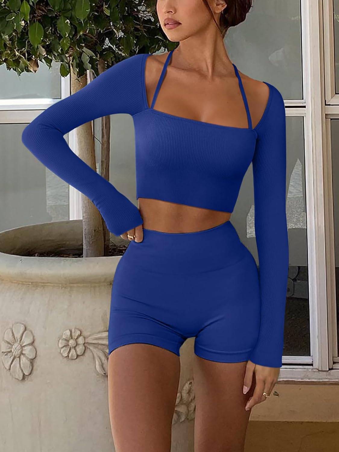 LASLULU Womens Sexy Square Neck Crop Top Ribbed Seamless Long Sleeve Workout Tops Halter Neck Athletic Yoga - Image 3