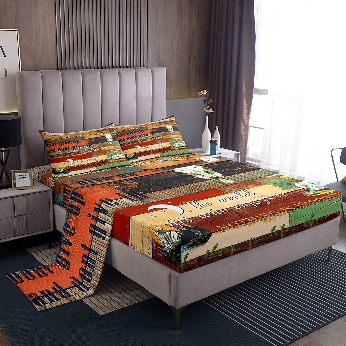 Camper Accessories Sheets, Happy Camping Bed Sheets Set, Bear Bull Hunting Theme Top Sheet, Rustic Farmhouse Woodland Camping Bedding Set, Lake House Decor for The Home Cabin Decor, Queen 4Pcs