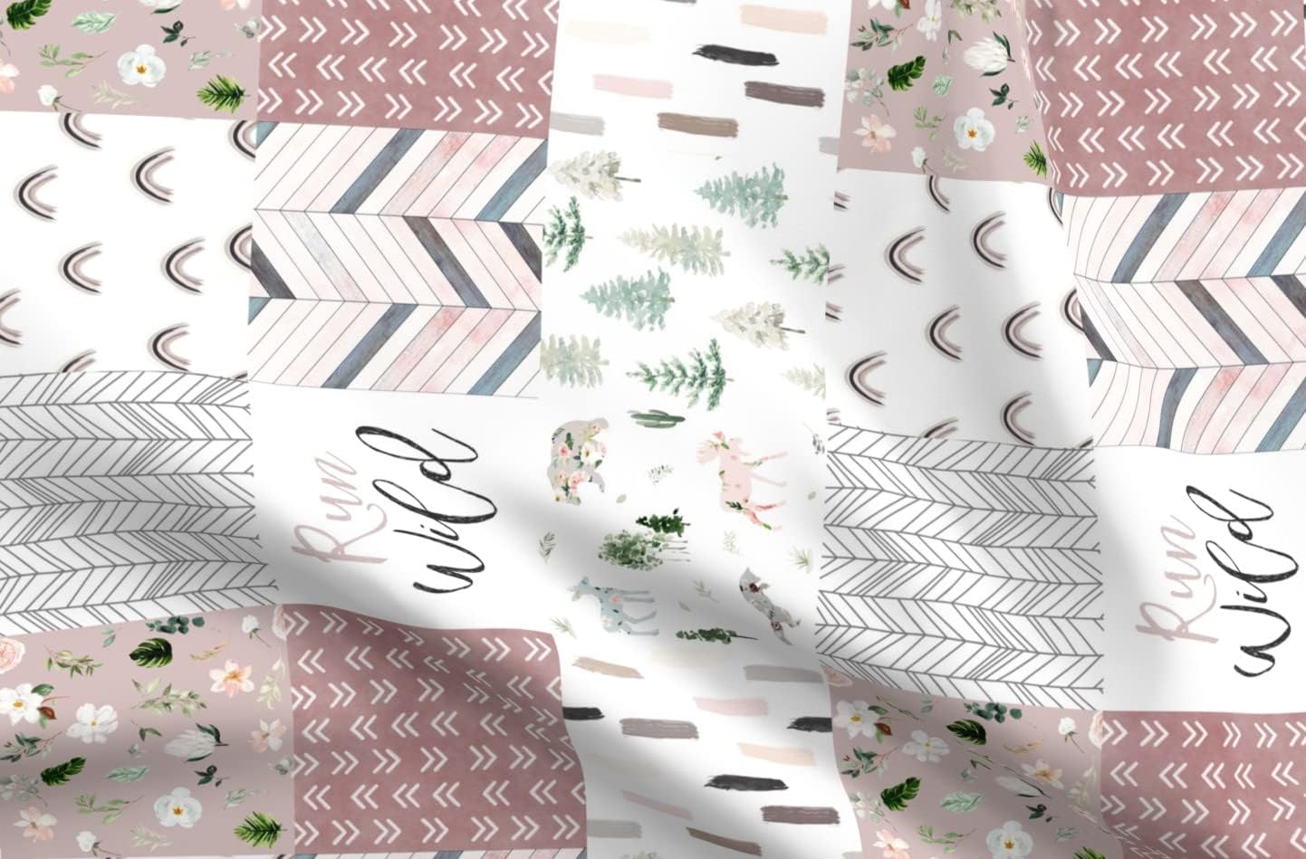 Spoonflower Fabric - Run Wild Woodland Watercolor Boho Floral Florals Flowers Printed on Upholstery Velvet Fabric Fat Quarter - Upholstery Home Decor Bottomweight Apparel