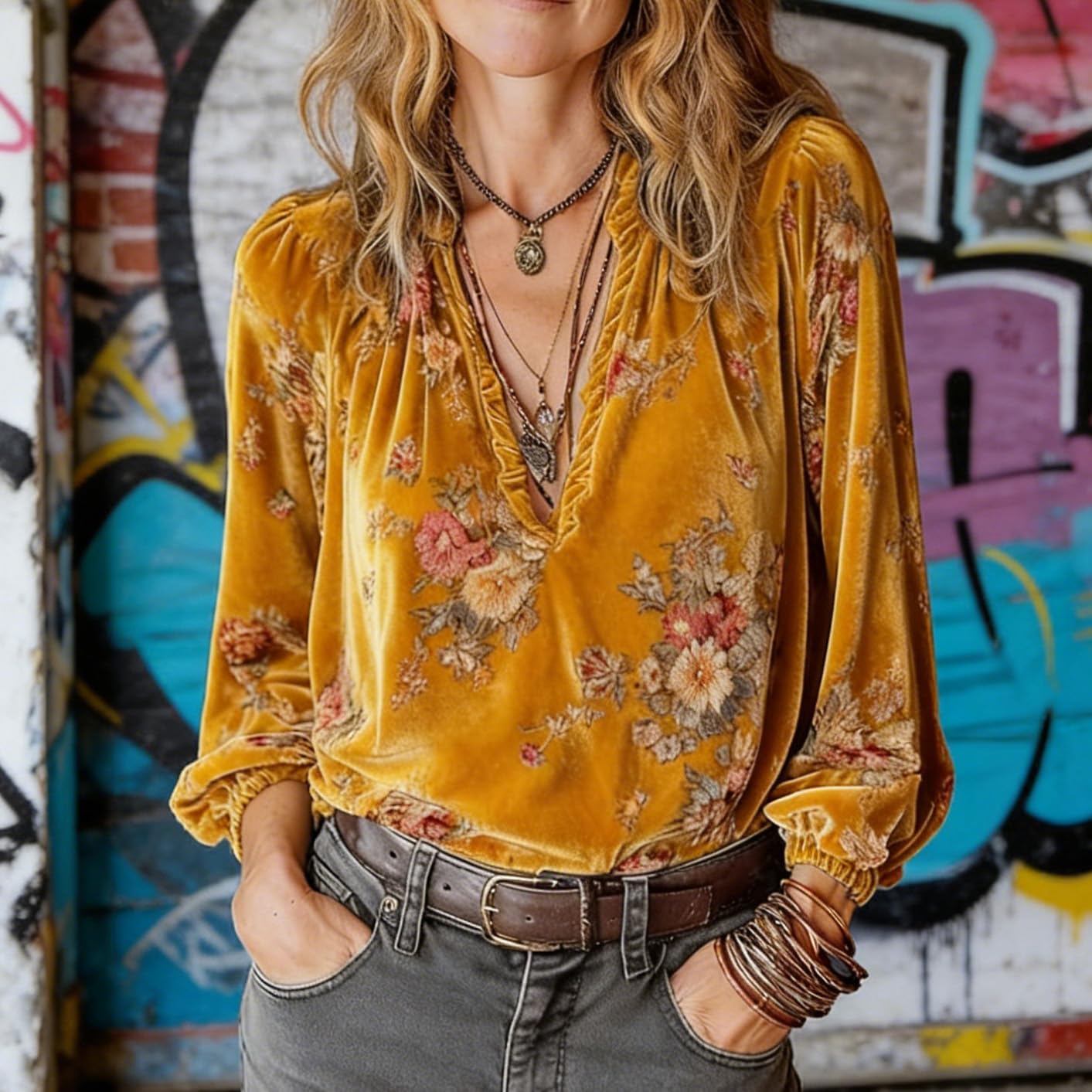Pinclodly Velvet Tops for Women Deep V Neck Long Sleeve Western Shirt Elegant Loose Pleated Collar Boho Print Floral Blouse