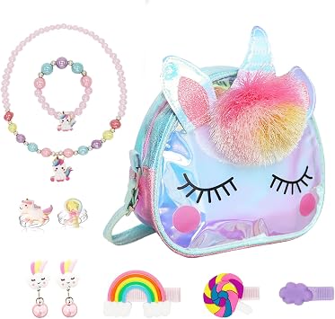 Unicorn Gifts for Girls,Unicorn Crossbody Bag with Jewelry Sets,Necklace Bracelet Rings Earrings Hair Clips for Girls Age 3-8,Princess Dress up Accessories for Birthday Christmas Party Gifts