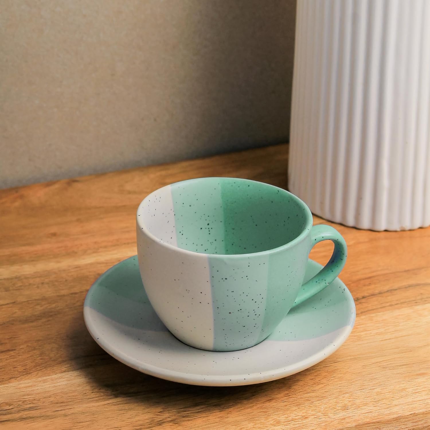 The Earth Store TT Green Ceramic Cappuccino Coffee Cup with Saucer Set of 1, 250ML Microwave and Dishwasher Safe Large Tea Cups | Large Cup for Coffee | Ideal Use for Every Occasion, Gifting