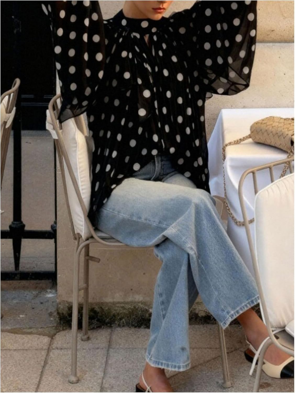 GORGLITTER Women's Polka Dots Blouse Mesh Flowy Long Sleeve Sheer Tops Vintage Tie Neck Chiffon Shirt Vacation Outfits