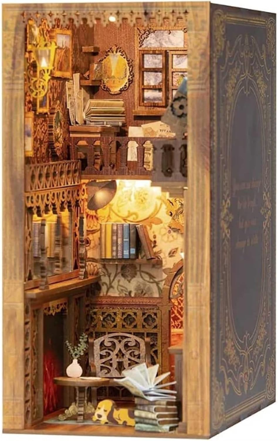 DEIOVR 3D Wooden Puzzle Bookend, LED DIY Book Nook Shelf Insert Decor