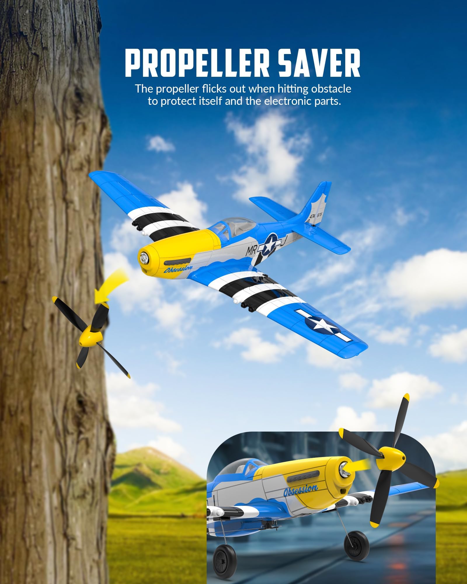 VOLANTEXRC Aereo RC 4 canali P51D Mustang Giocattolo da caccia per aereo telecomandato, Stabilizzatore giroscopico a 6 assi da 2,4 GHz Aereo per aliante RTF, Facile da pilotare per Adulti Principianti