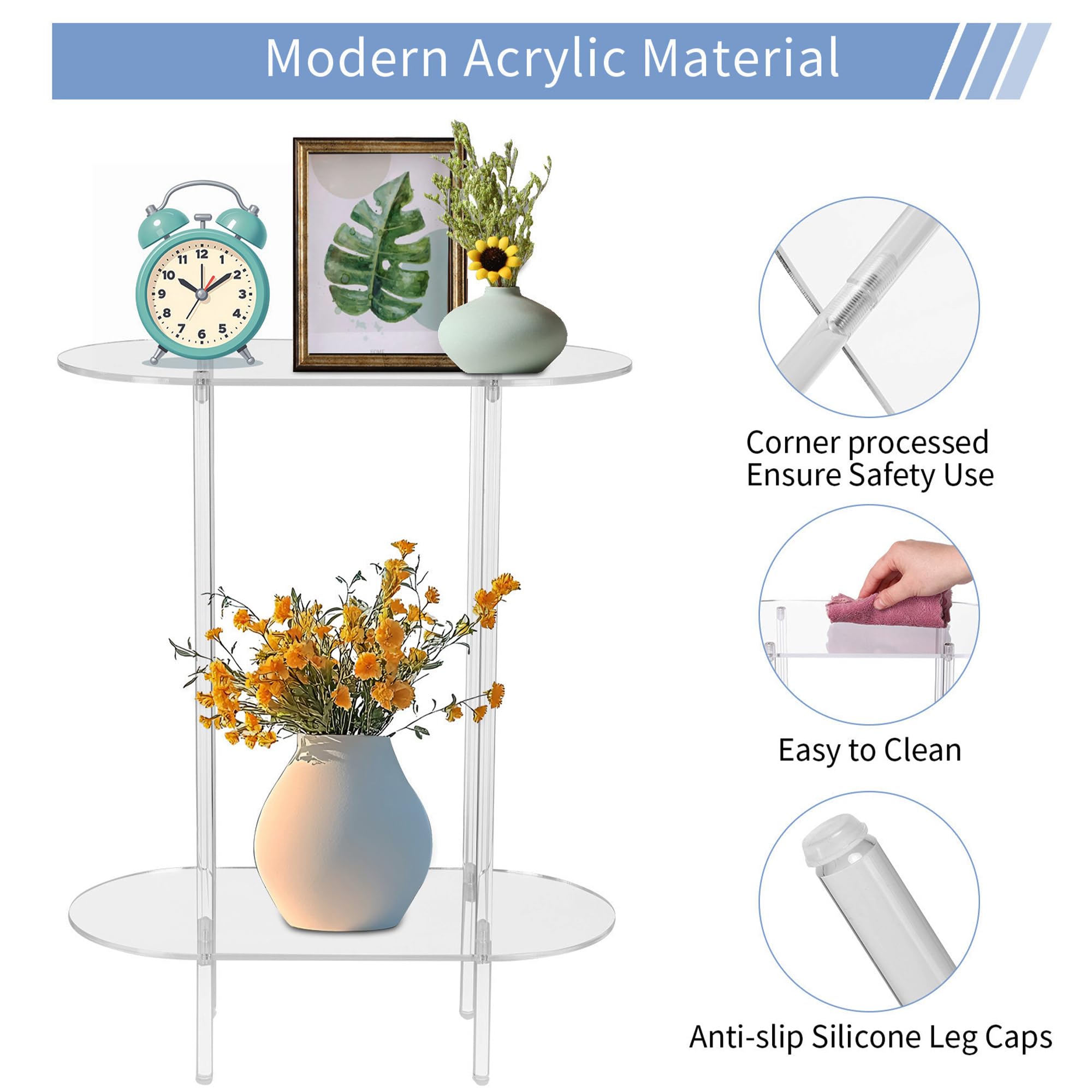 Coolcapis Clear Acrylic Side Table - Small Acrylic End Table, Thin Bedside Night Stand Skinny Living Room Clear Office furniture (Oval) - Image 3