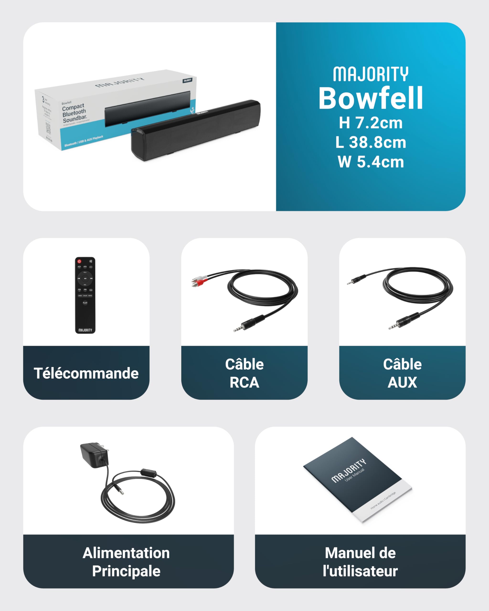 Majority Bowfell 50W Barre de Son TV Bluetooth | Enceinte TV Home Cinema 2.0 | Barres de Son avec Entrée Optique, RCA, USB, MP3 et AUX | Réglages Personnalisés de L'égaliseur et Télécommande