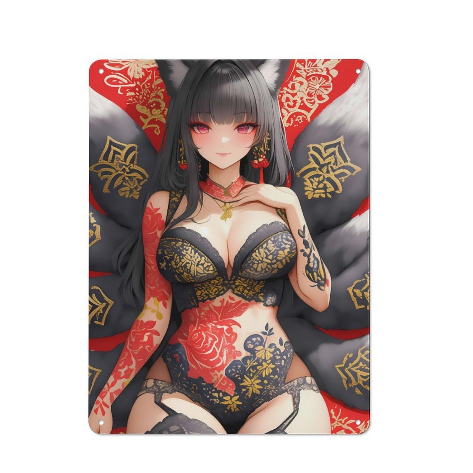 Junmoney Girls Style-8 For Hobby Room Or Studio, Kitsune In Lace Anime Waifu Gaming Retro-Style Tin Sign 40X30cm, For Room Styling Across Hobby Rooms And Studios
