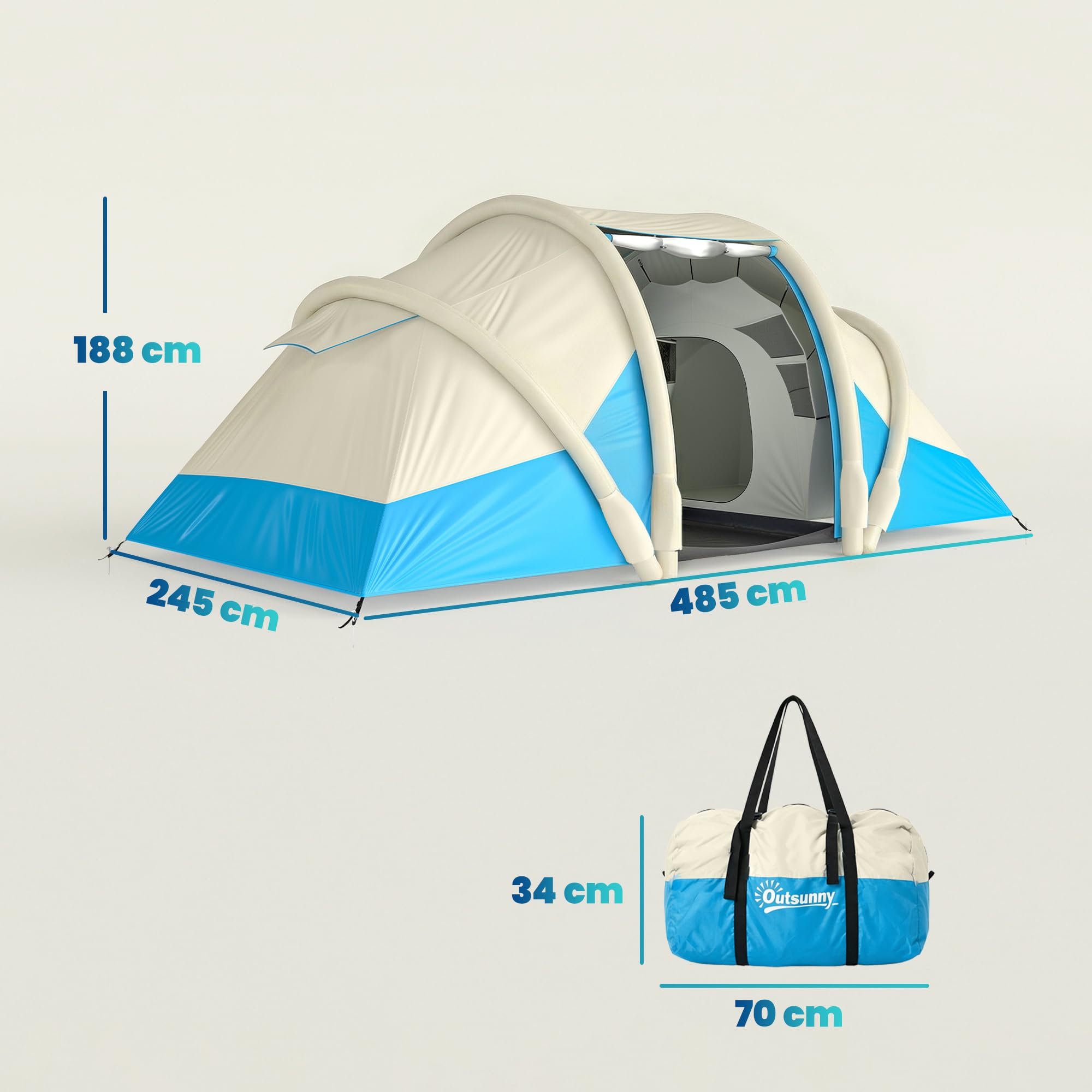 Outsunny Aufblasbares Campingzelt mit Luftpumpe, Campingzelt für 4 Personen, wasserdicht 3000 mm, mit 2 Schlafzimmern, Fenstern, Türen und Tragetasche, schnelle Montage, Blau