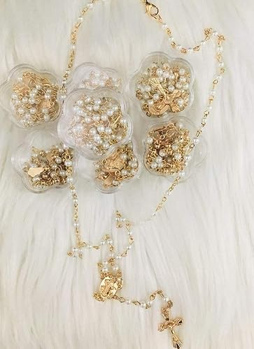 Miniatura 2 de 12 rosarios de pera sintética de San Benito al por mayor para bautismo, boda, rosario, recuerdos de perlas doradas para primera, comunión, recuerdo