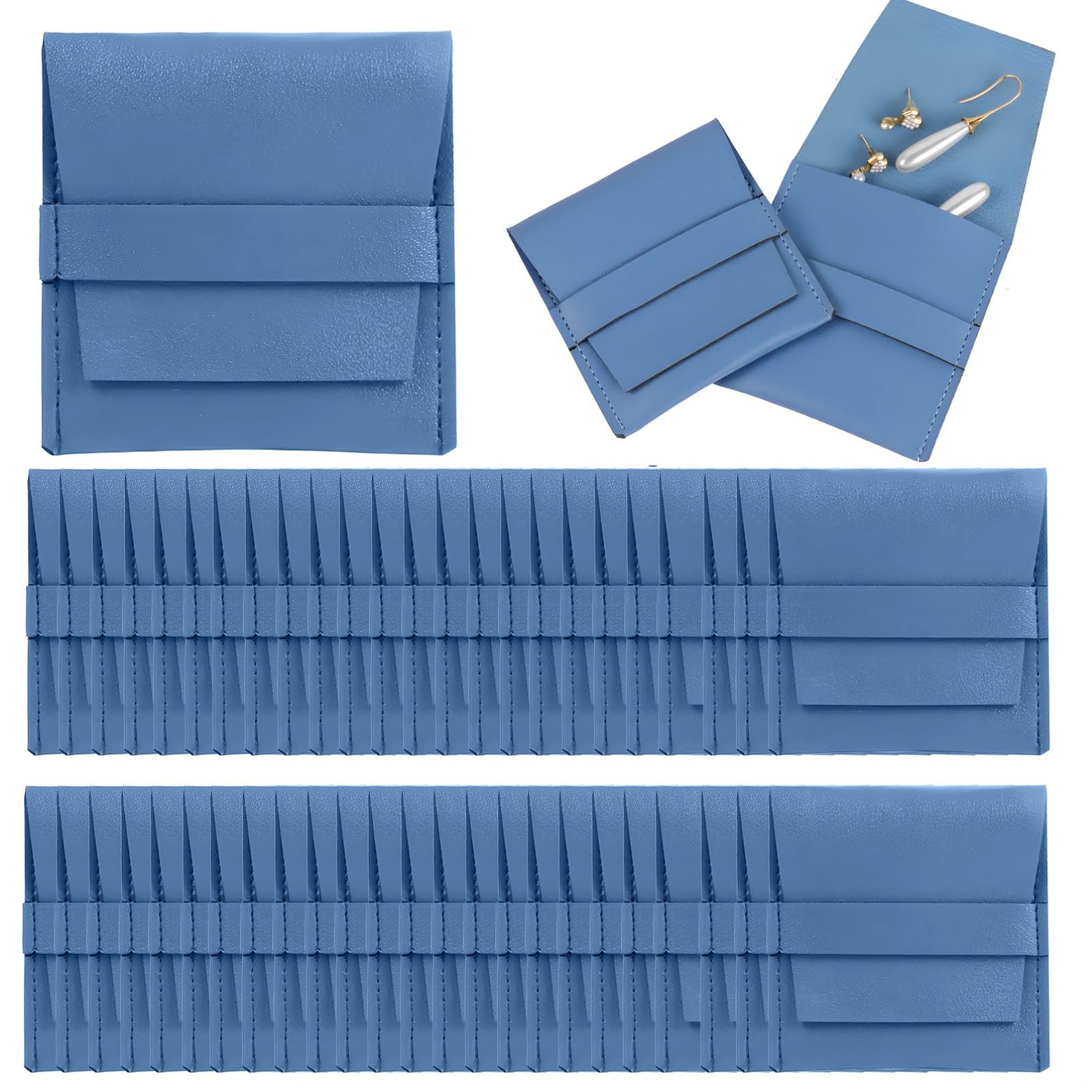 50 bolsas de microfibra para joyas, bolsas de piel sintética, 3.1 x 3.1 pulgadas para anillos, collares, azul claro