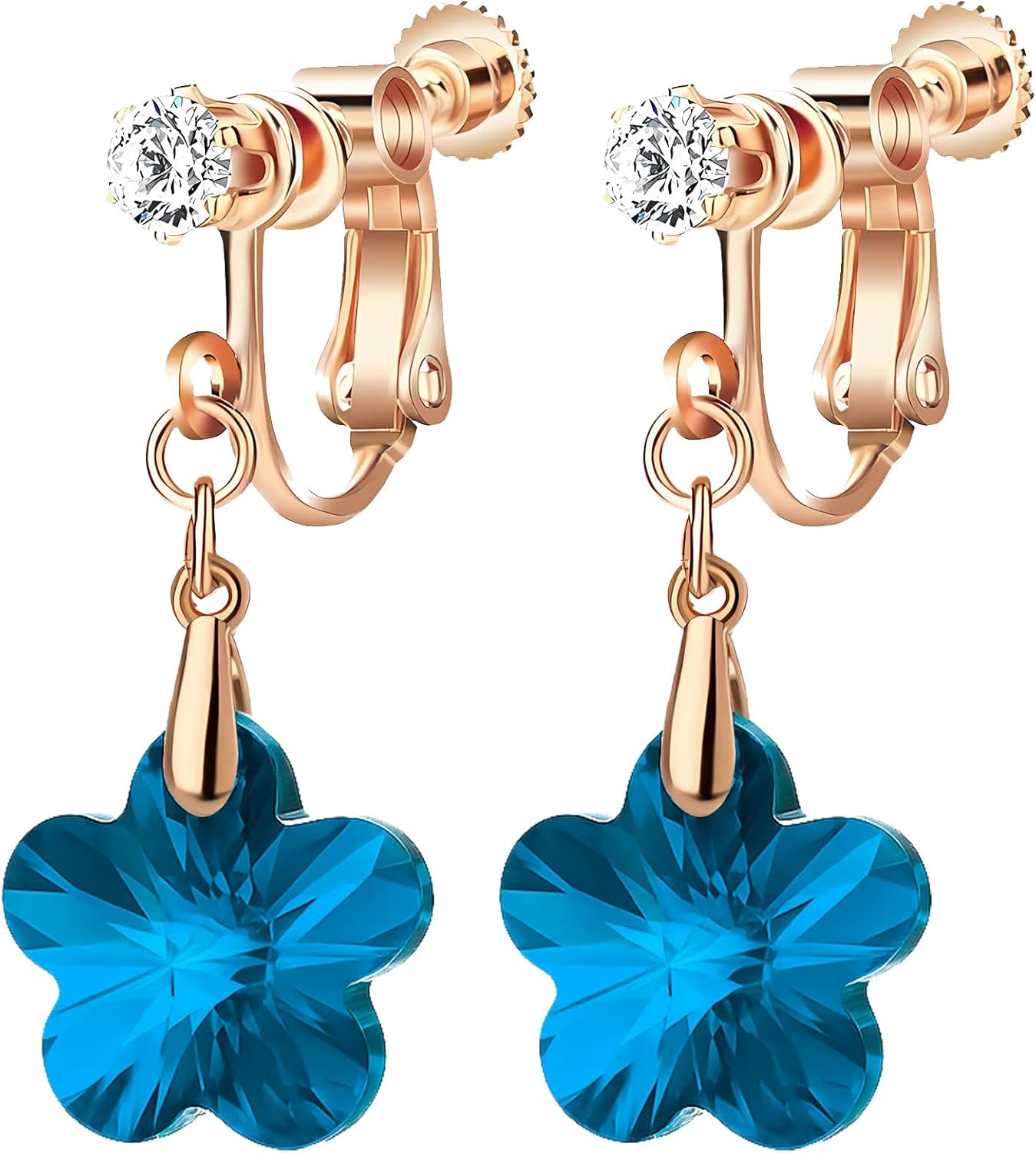 Austrian Crystal Flower Drop Clip On Earrings for Women Non Pierced 14K Rose Gold Plated Hypoallergenic Dangle Earring Jewelry