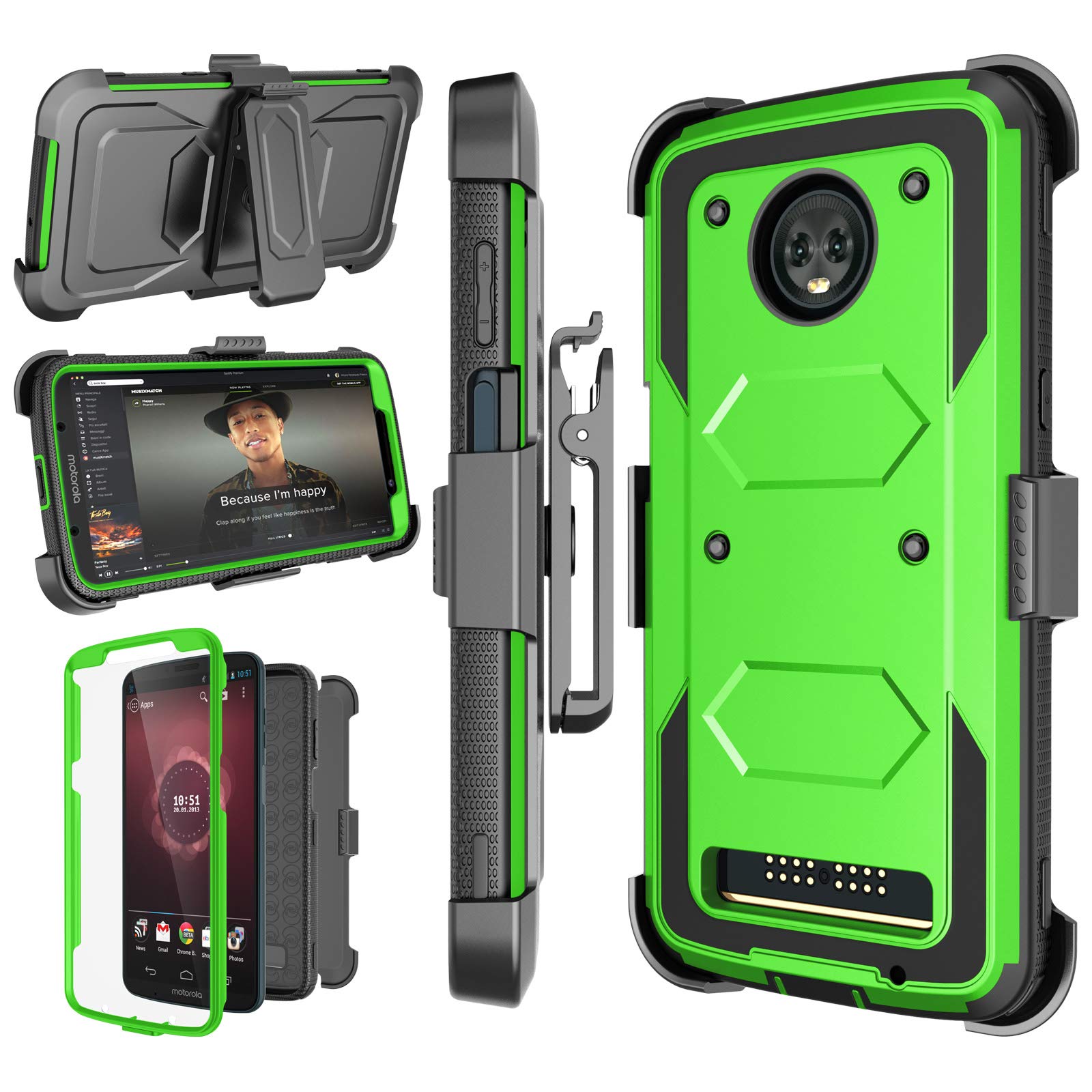 Njjex for Moto Z3 Case, for Motorola Z3 Case/Moto Z3 Play Holster Clip, [Nbeck] Shockproof Heavy Duty Built-in Screen Protector Rugged Locking Swivel Belt Clip Kickstand Hard Shell Cover [Green]