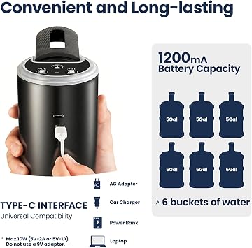 Foldable Water Bottle Pump, Dual Motor High-Speed 5 Gallon Water Dispenser, Portable Electric Water Jug Pump with 3 Pumping Modes, Type-C Rechargeable, Universal Fit for 2-5 Gallon Bottle, Black