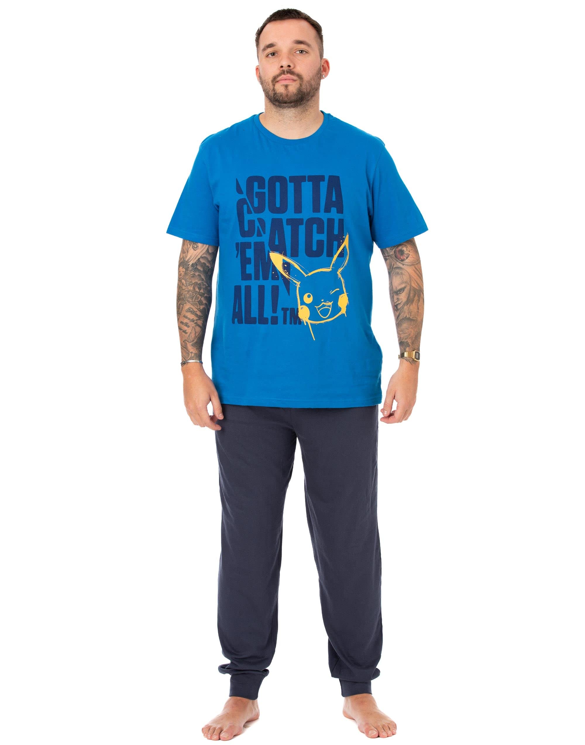 Pokemon Pikachu Mens Pyjamas | Adults Blue Loungewer Pants and T-Shirt Gaming PJ Set | Gotta Catch Em All Short Sleeve Tee Long Leg Bottoms Pajama Bundle | Cartoon Nightwear Merchandise Gift for Him