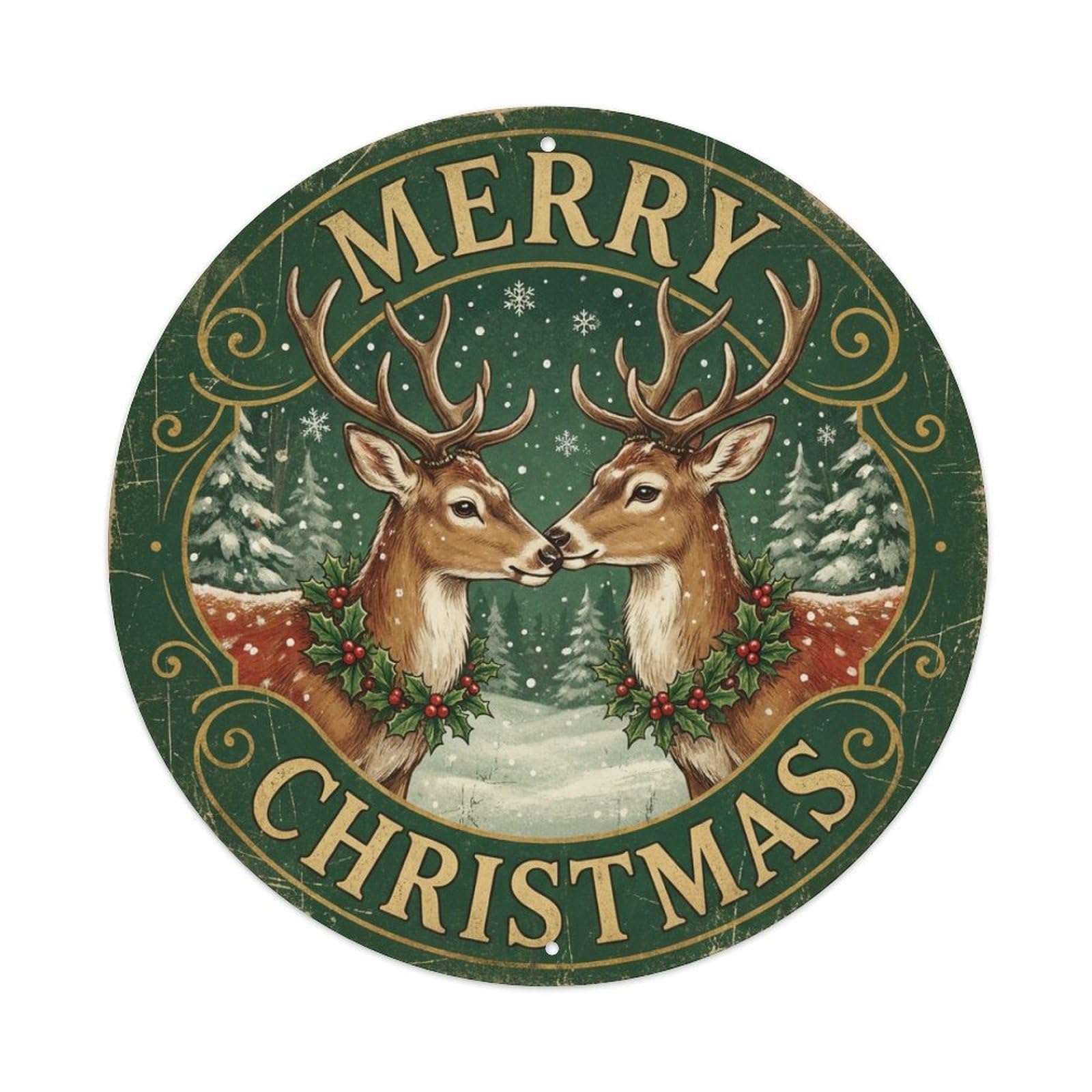 Merry Christmas Reindeer Pair Nuzzle Metal Tin Sign