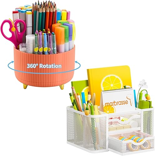 Marbrasse Soporte giratorio de 360 grados para escritorio+organizador de escritorio de malla con 2 cajones
