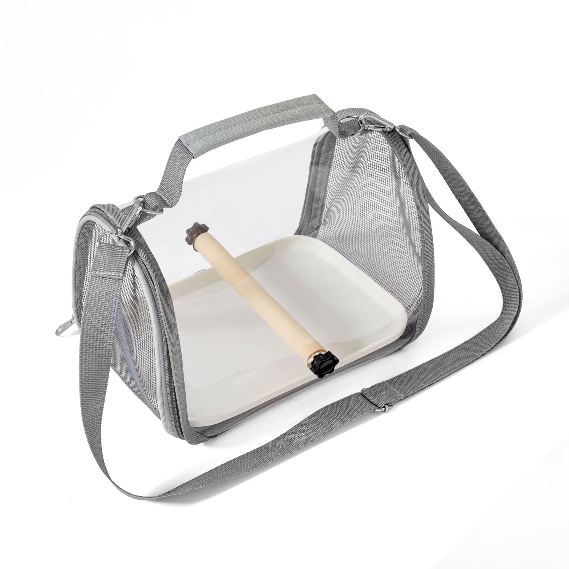 Borsa per uccelli,borsa da viaggio,completamente trasparente,19,5*26*19cm,portauccelli portatile con vassoio in plastica,palo di legno,traspirante per animali domestici,1 molari da pietra (grigio.)