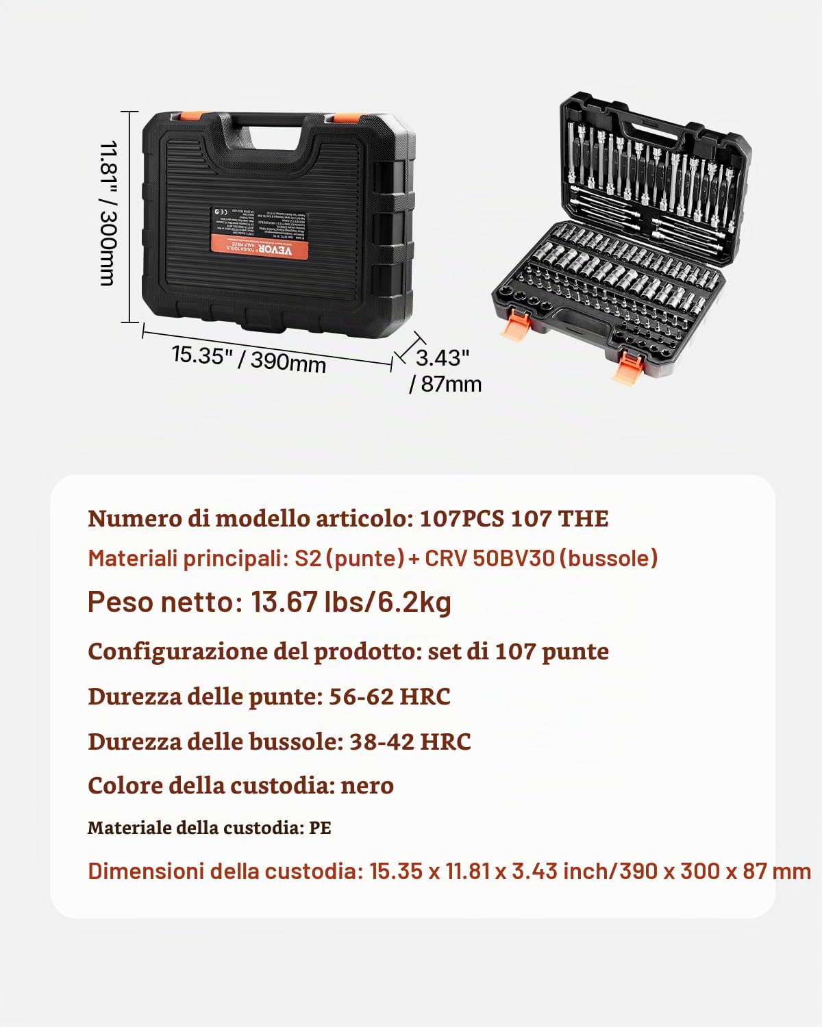 VEVOR Set di Bussole 107 Pezzi SAE e Metriche, Esagonali/Torx/Torx Esterne, Acciaio Legato S2 e Acciaio Cr-V, Attacchi 0,63/0,95/1,27 cm con Custodia di Stoccaggio Migliorata, Uso Manuale