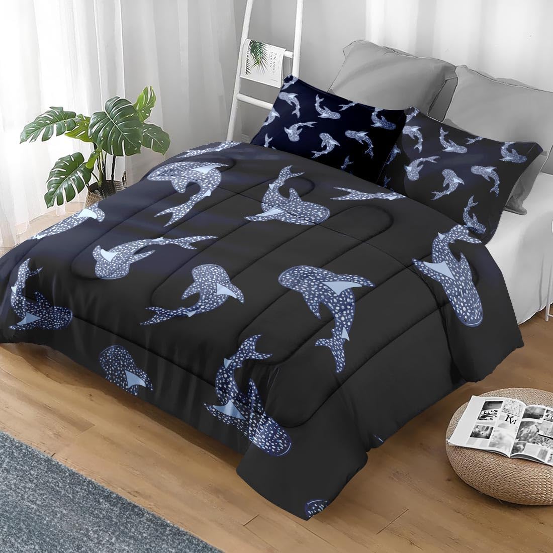 Comforter Set Queen Size, Animal Sea Fish Soft 3 Pcs Bedding for Kids and Adults, Whale Navy Blue Comforter Set with 2 Pillowcases, for Bedroom Bed Decor Queen Whale