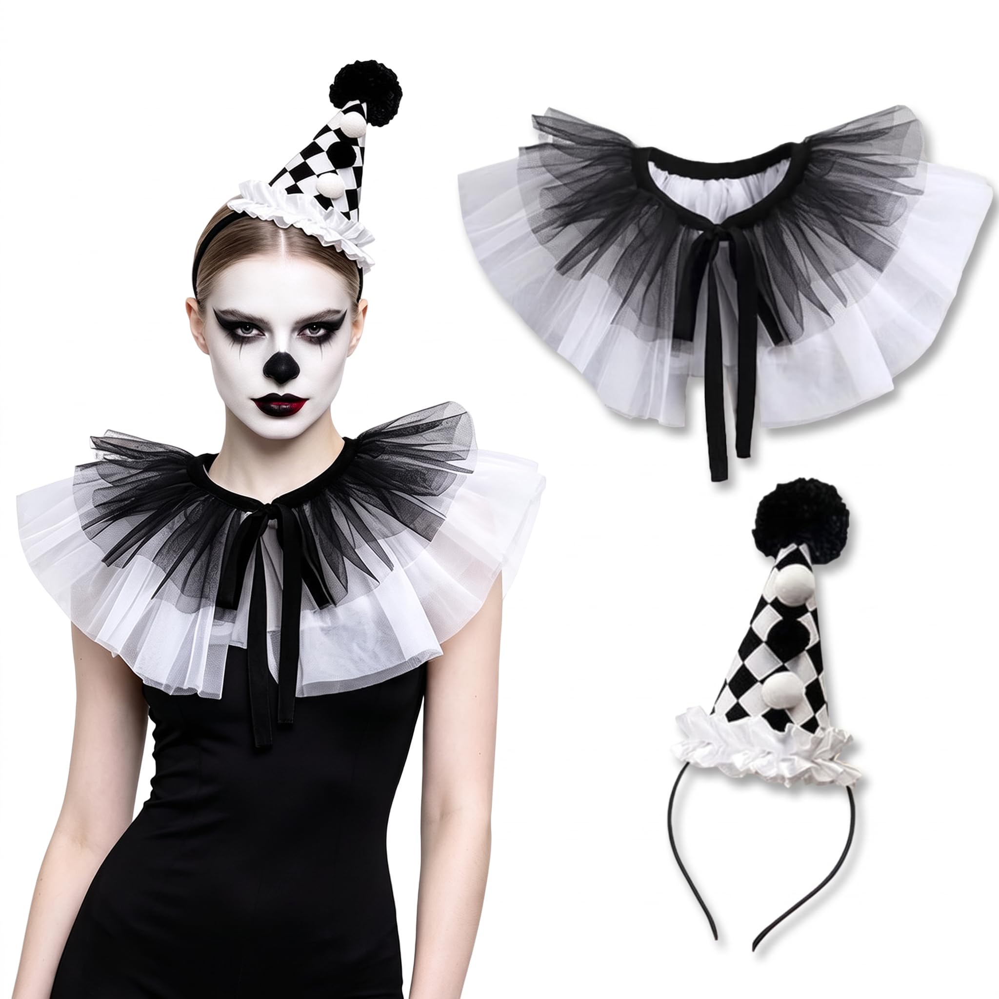 2 Piece Clown Costume Women Accessories Set, Clown Hat Headband and Neck Ruffle Collar, Halloween Fancy Dress Accessories for Carnival, Christmas, Cosplay and Fancy Dress Parties, Black & White