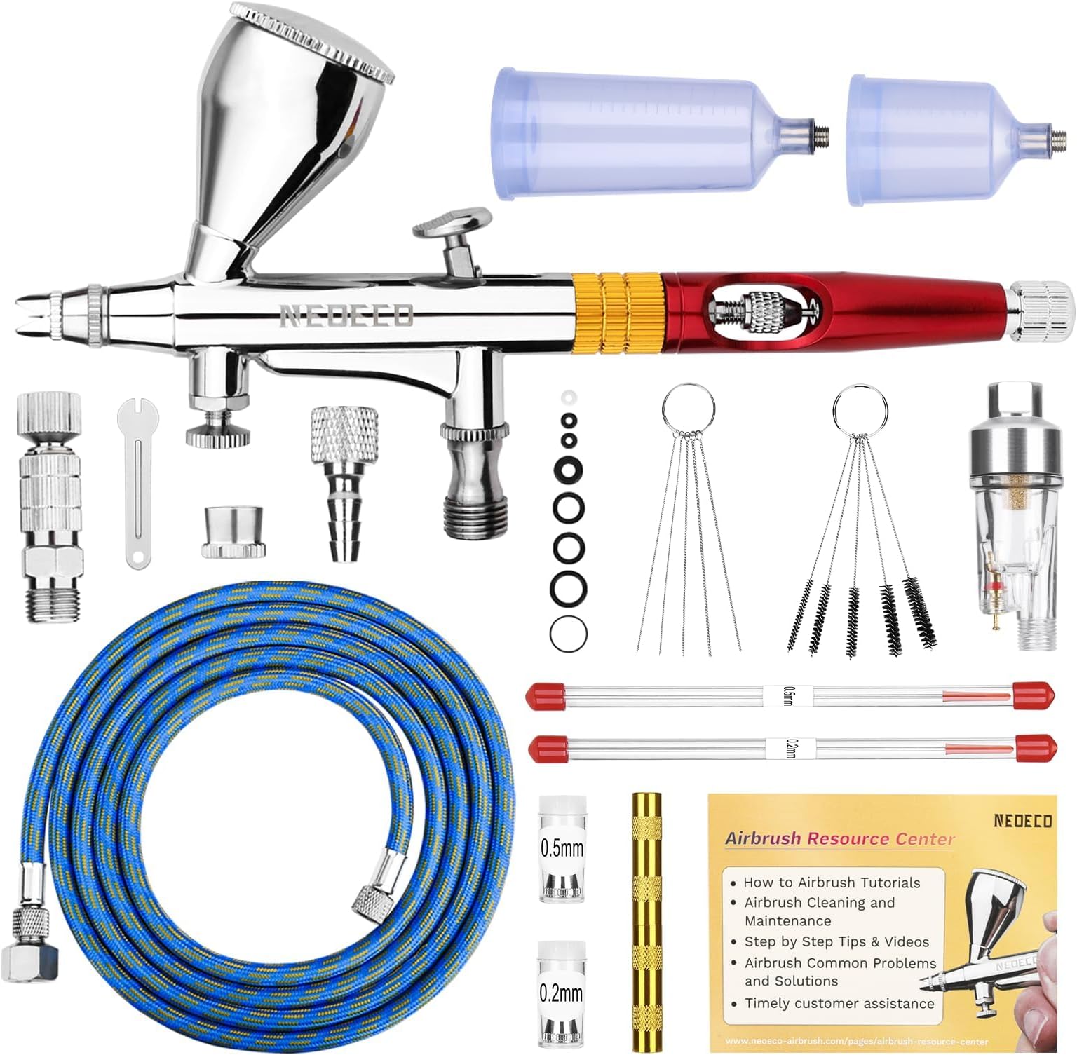 NEOECO Multi-Purpose Airbrush Kit, Dual-Action Gravity Feed Air Brush Sets with with Crown Nozzle, 9cc 20cc 40cc Cup, 0.2, 0.3 & 0.5mm Needles for Makeup Nail Art Shoes Tattoo Cake Toy Model (Red)