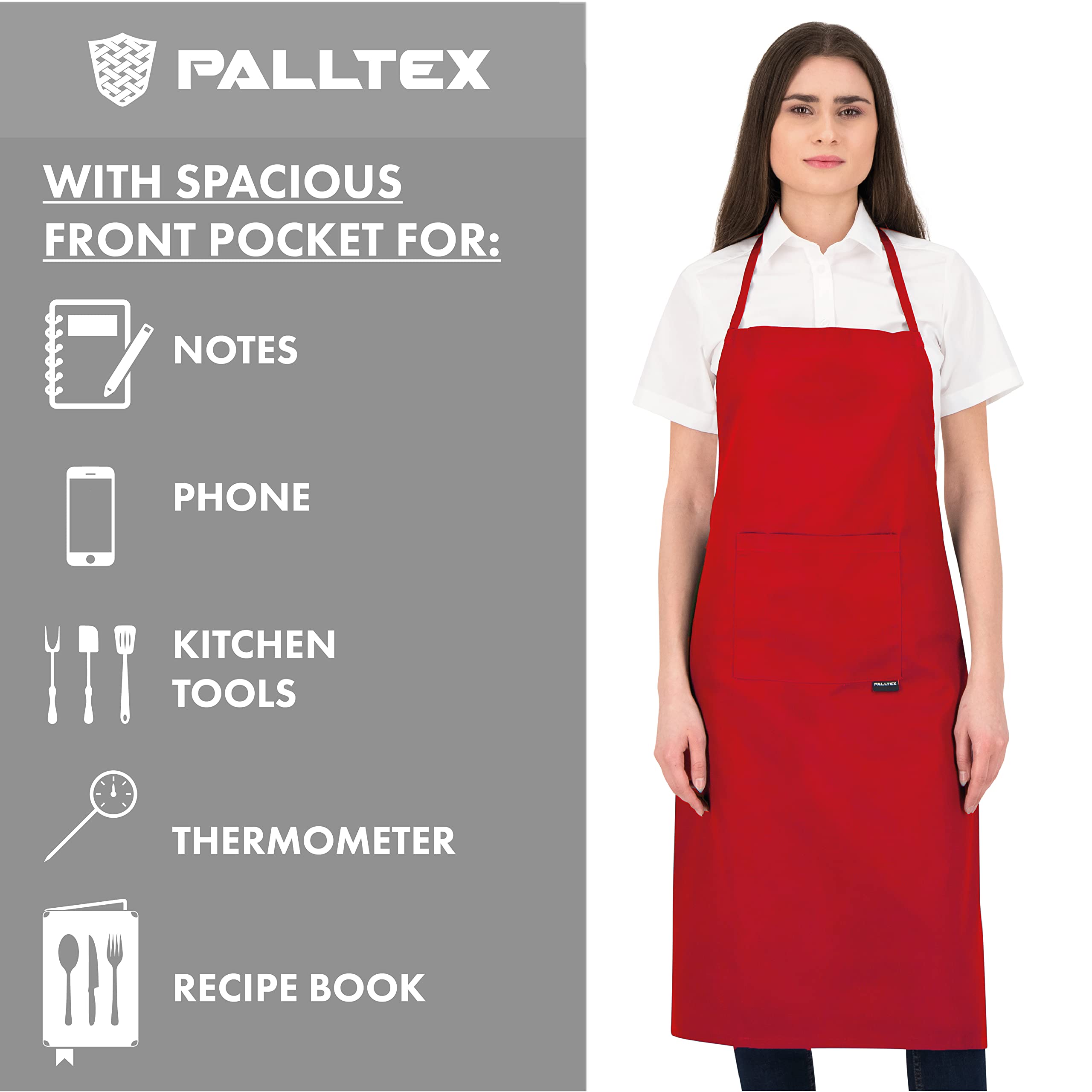 PALLTEX Borago Aprons for Men Aprons for Women Chef Apron for Cooking Crafts Painting Baking Kitchen Apron EN ISO 13688, red, One Size - Image 2