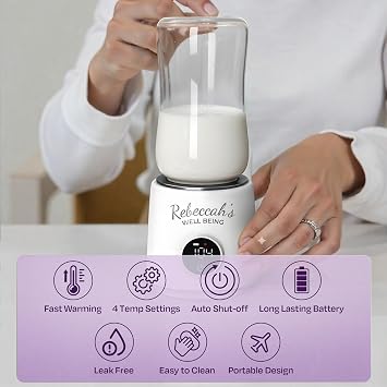 Portable Bottle Warmer for Travel with built in Nightlight, Fast 4 Heat Settings, Lightweight, Leak-Proof Design & Safe Rechargeable Baby Bottle Warmer for Breastmilk Formula or Water, Travel-Friendly