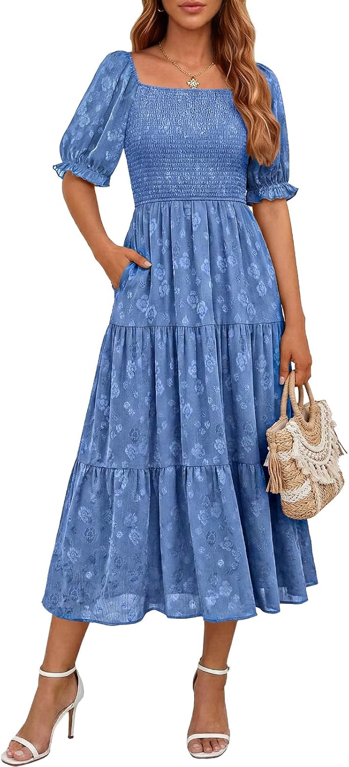 DRESSTELLS Women 2026 Summer Midi Casual Floral Wedding Guest Square Neck Smocked A Line Flowy Boho Dress with Pockets