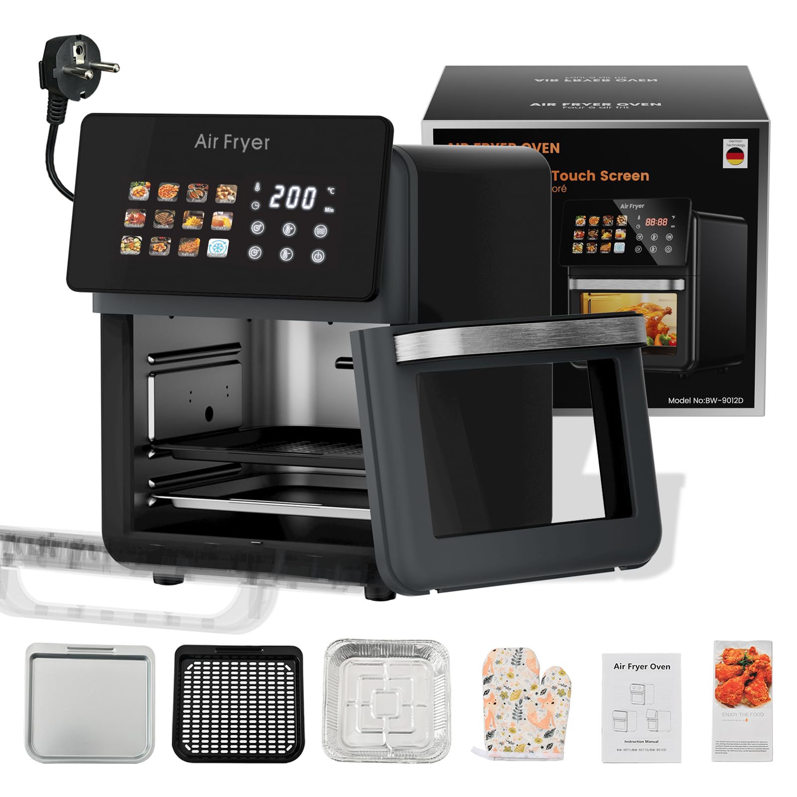 AboveMoon 10L Large Xl Pro Air Fryer Oven With Grill Combo For Kitchen Countertop Use,12 in 1 Smart Convection Ovens,AirFryer With Glass View Window,Nonstick Basket,Fryer Liners,Removable Door-Black