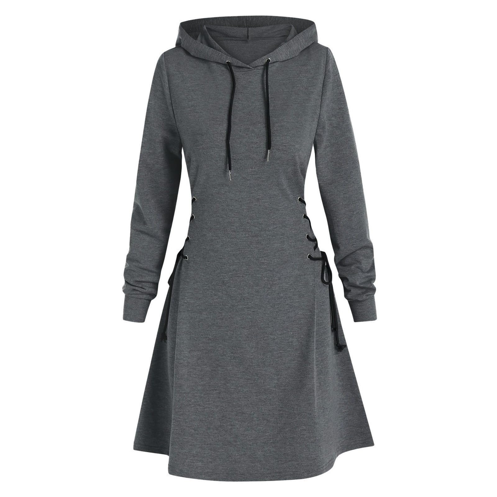 Hoodie Kleid Damen Figurbetonte Dress Lang Pulloverkleid Korsettkleid mit Schnürung Sweatshirtkleid Tunika Bodycon Kleid Langarm Minikleid mit Kordelzug Winter Herbst Kleid