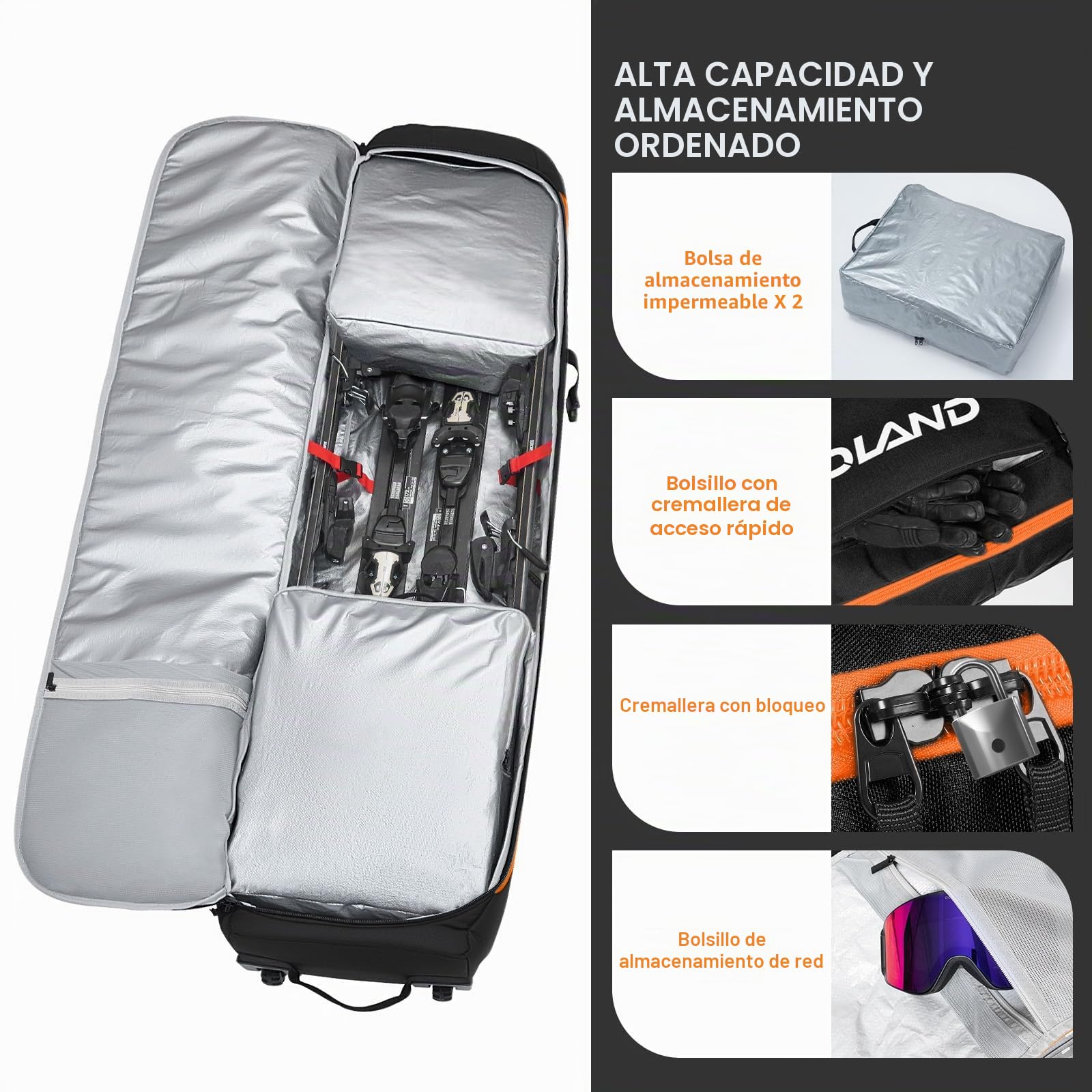 Odoland Bolsa de Esquí con Ruedas Bolsas Acolchadas para Snowboard y Botas de Esquí con Ruedas para Viajes en Avión, Tela Oxford 900D Impermeable, Apta a 2 Pares de Esquís de 170/190 cm