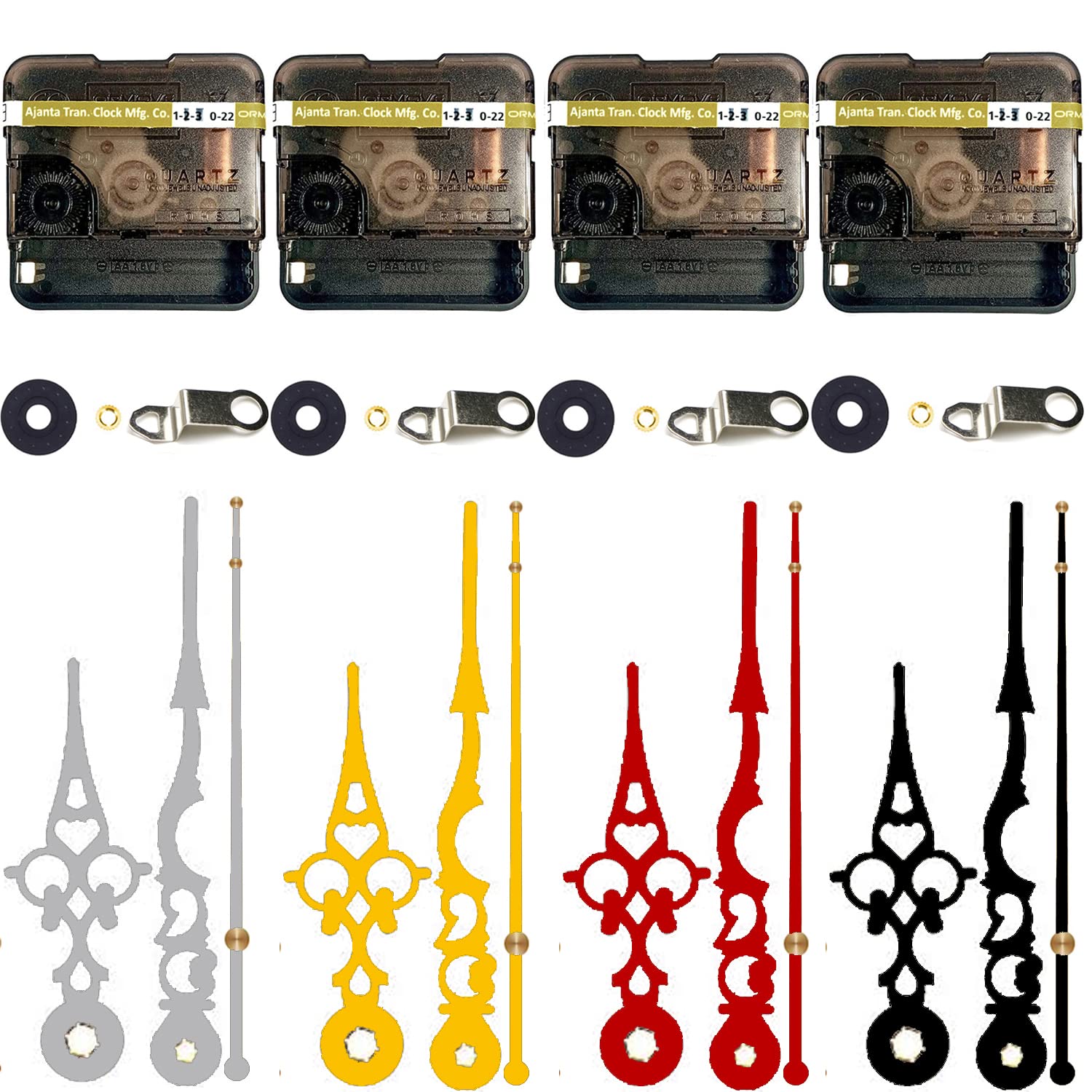 Combo Of Ajanta Mfg. Battery Operated Plastic Ticking Analog Wall Clock Movement Machine With Hands (Needles : Antique Silver, Black, Gold, Maroon) (Pack 02)