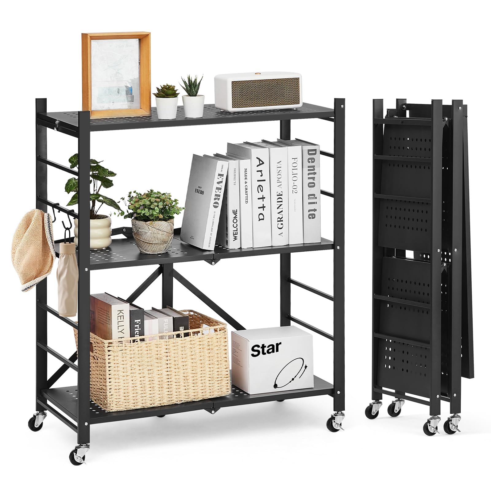 VEVOR Scaffale Portaoggetti Pieghevole a 3 Ripiani con Ruote, Scaffale in Metallo Pieghevole, Robusto Resistente Senza Montaggio, Ideale per Garage, Cucina, Cantina Nero 330 x 760 x 910 mm