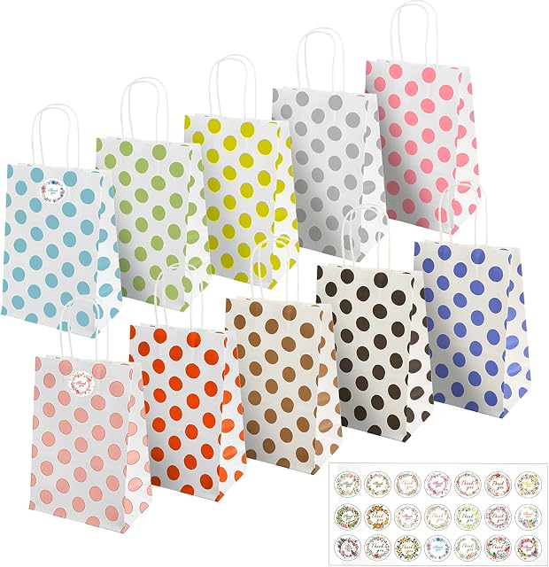 OWill 10 Pcs Gift Bags,10 Colors Small Gift Bags for Presents with 21 Stickers,Small Rainbow Polka Dot Party Paper Gift Bags with Handles for Women Party Wedding Birthday and Daily Use - 210x150x80mm