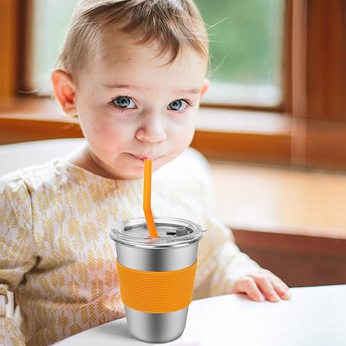 Miniatura 8 de Vasos de acero inoxidable para niños con pajitas y tapas, paquete de 6 vasos de 12 onzas a prueba de fugas, vasos irrompibles para niños pequeños,