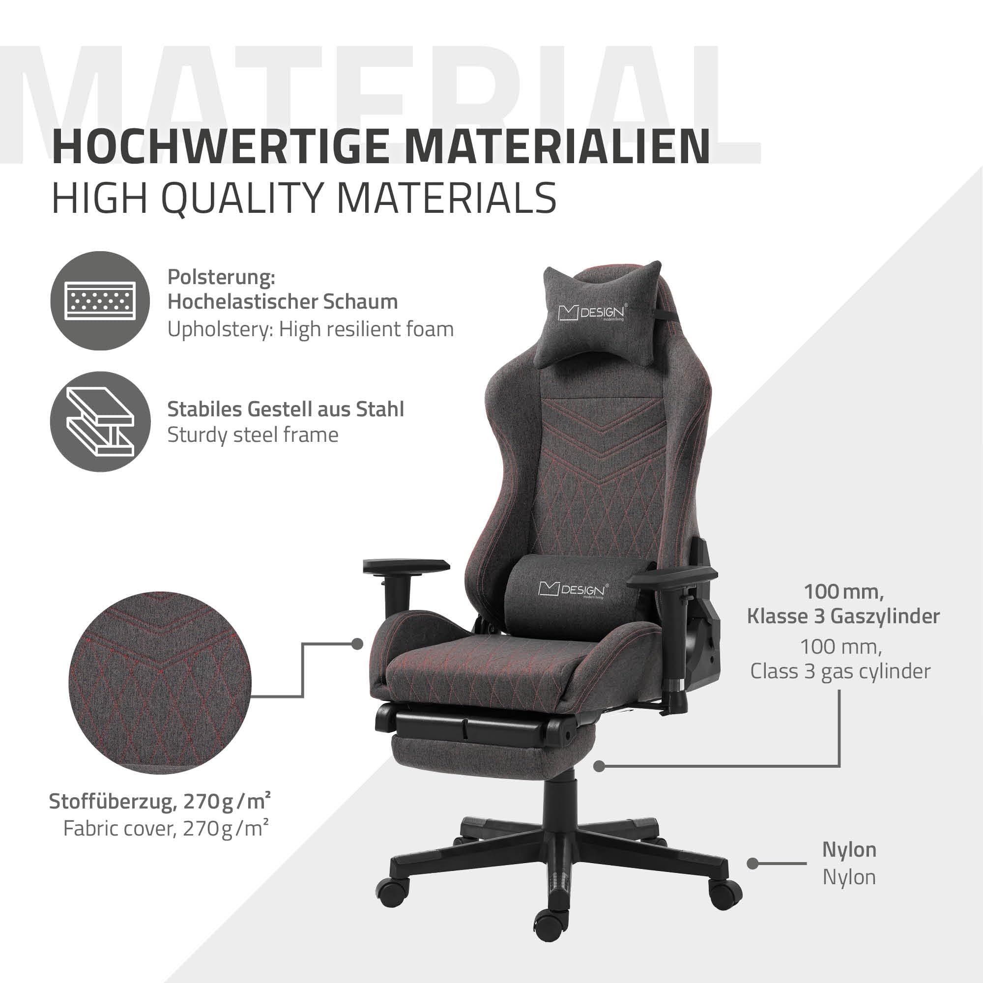 ML-Design Sedia da Gaming Ergonomica con Poggiapiedi Braccioli e Schienale Regolabile in Tessuto Grigio Rosso per Ufficio Cuscini Inclusi Supporto per Gambe Lombare e Poggiatesta