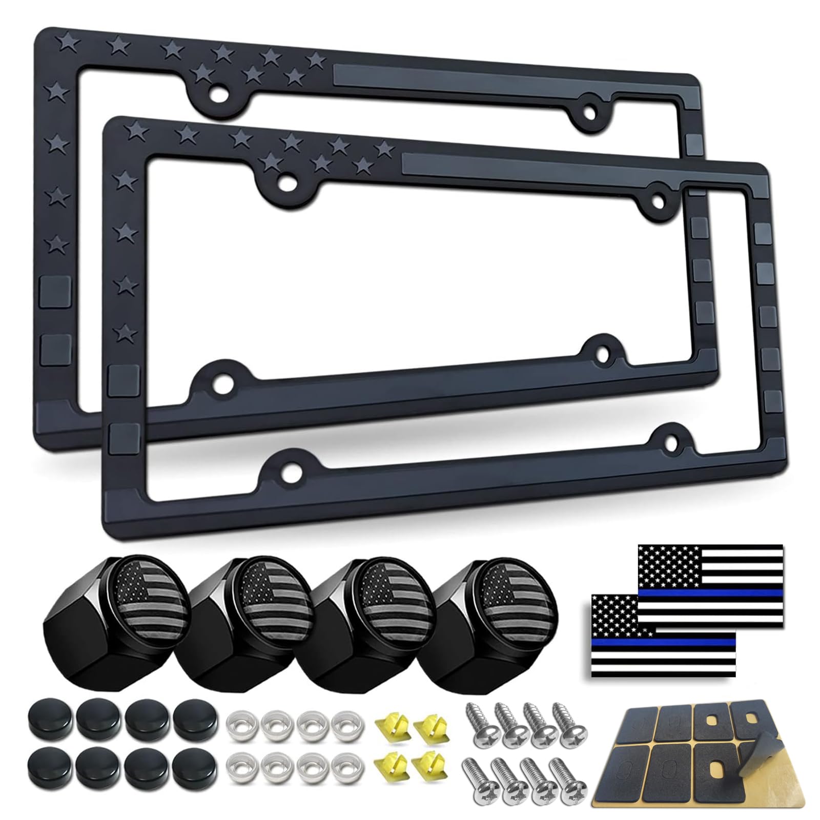 BGGTMO American Flag License Plate Frames- Patriotic USA Stars and Stripes Plastic Car Tag Holder Cover (Gloss on Matte Black) with Screws