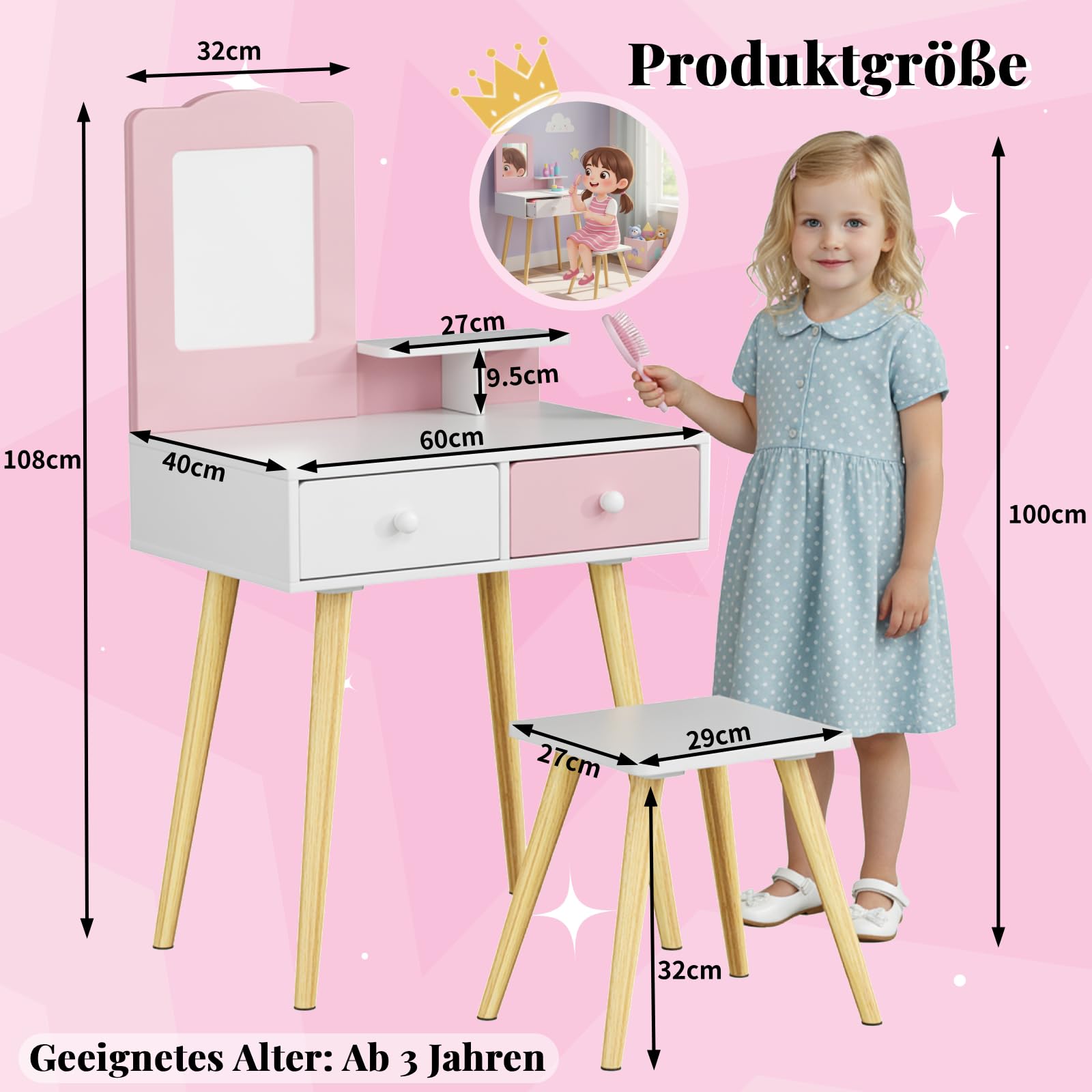 Clevich 2 in 1 Schminktisch Kinder Set, Prinzessin Frisiertisch mit Abnehmbarem Spiegel, 2 Schubladen, Schreibtisch Holz mit Hocker, für Kinder von 3 bis 8 Jahren, Rosa