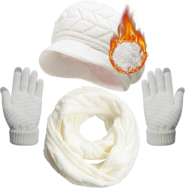 Yutdeng Winter Hat Scarf and Gloves Set Knitted Warm Neck Warmer Touchscreen Gloves and Berets for Women Winter Outdoor Sports Set