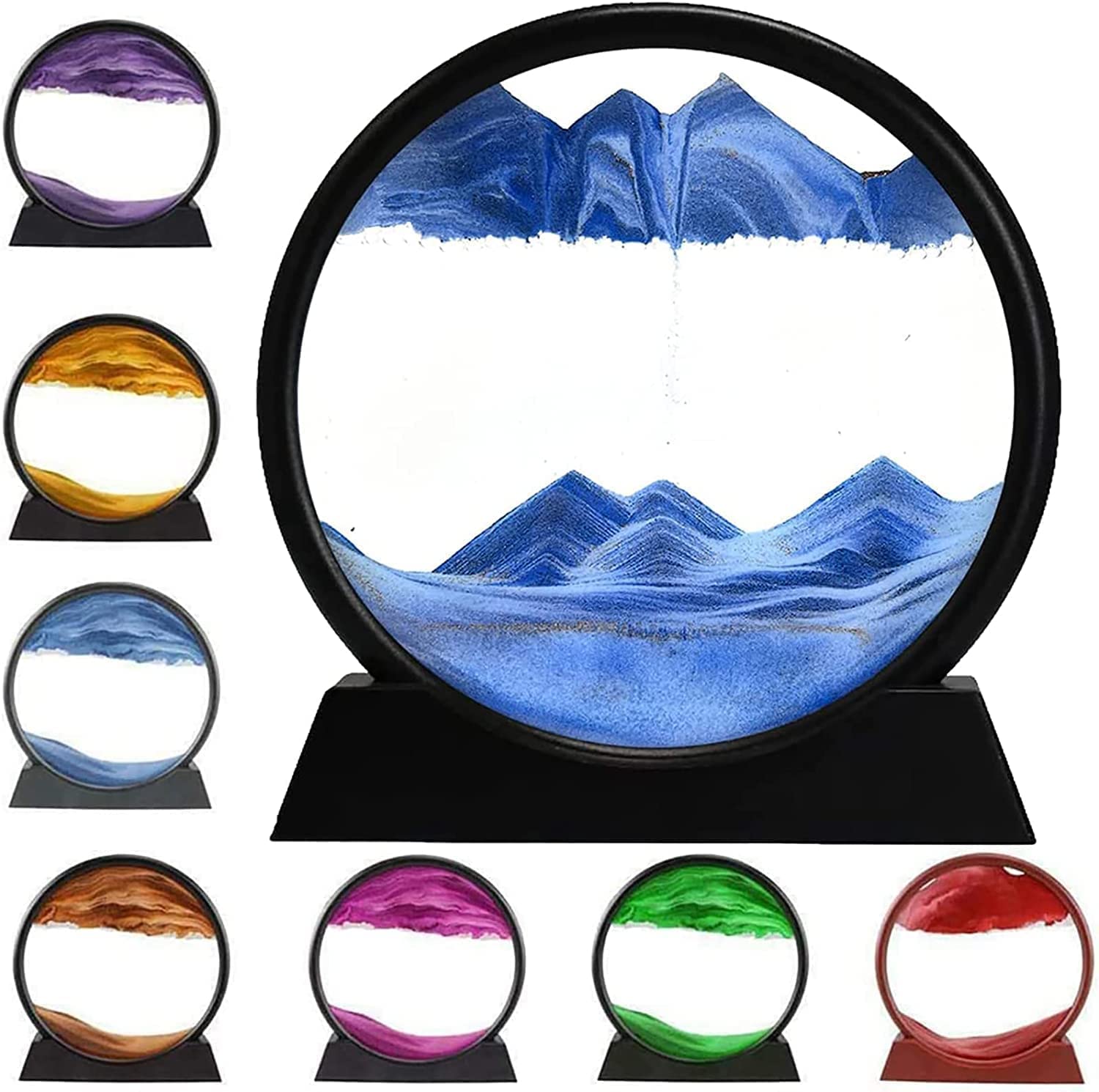 ECOSPIT CONTAINER Art Liquid Motion, Moving Sand Art Picture Round Glass 3D Deep Sea Sandscape in Motion Display Flowing Sand Frame Relaxing Desktop Home Office Work Decor (7 inch) (Multi)