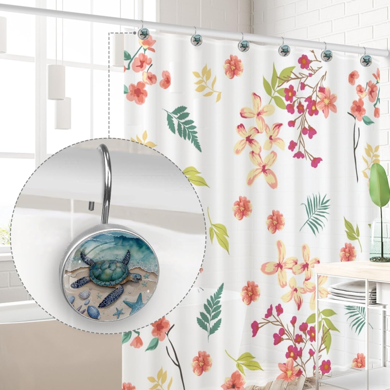 12 PCS Beach Sea Turtle Shower Curtain Hooks, Rustproof Crystal Glass Shower Curtain Rings Decorative Shower Hooks, Round Shower Rings Hangers, Home Bathroom Bedroom Decor