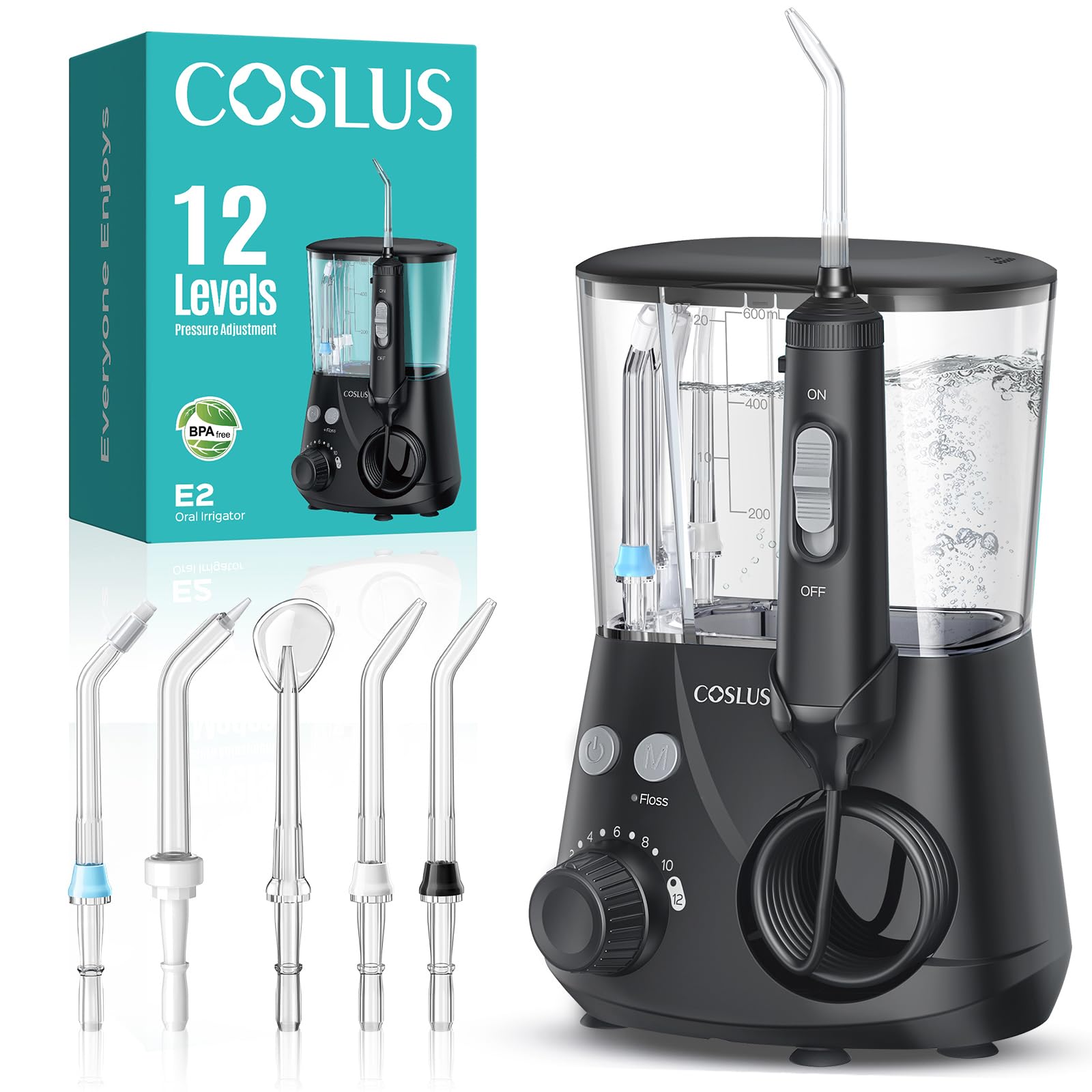 COSLUS Professional Water Flosser for Teeth: 12 Pressure Settings Electric Dental Pick for Orthodontic, Braces, Sensitive Gums - Home Use, ??5 Jet Tips for Multiple Users, Family, Black, E2