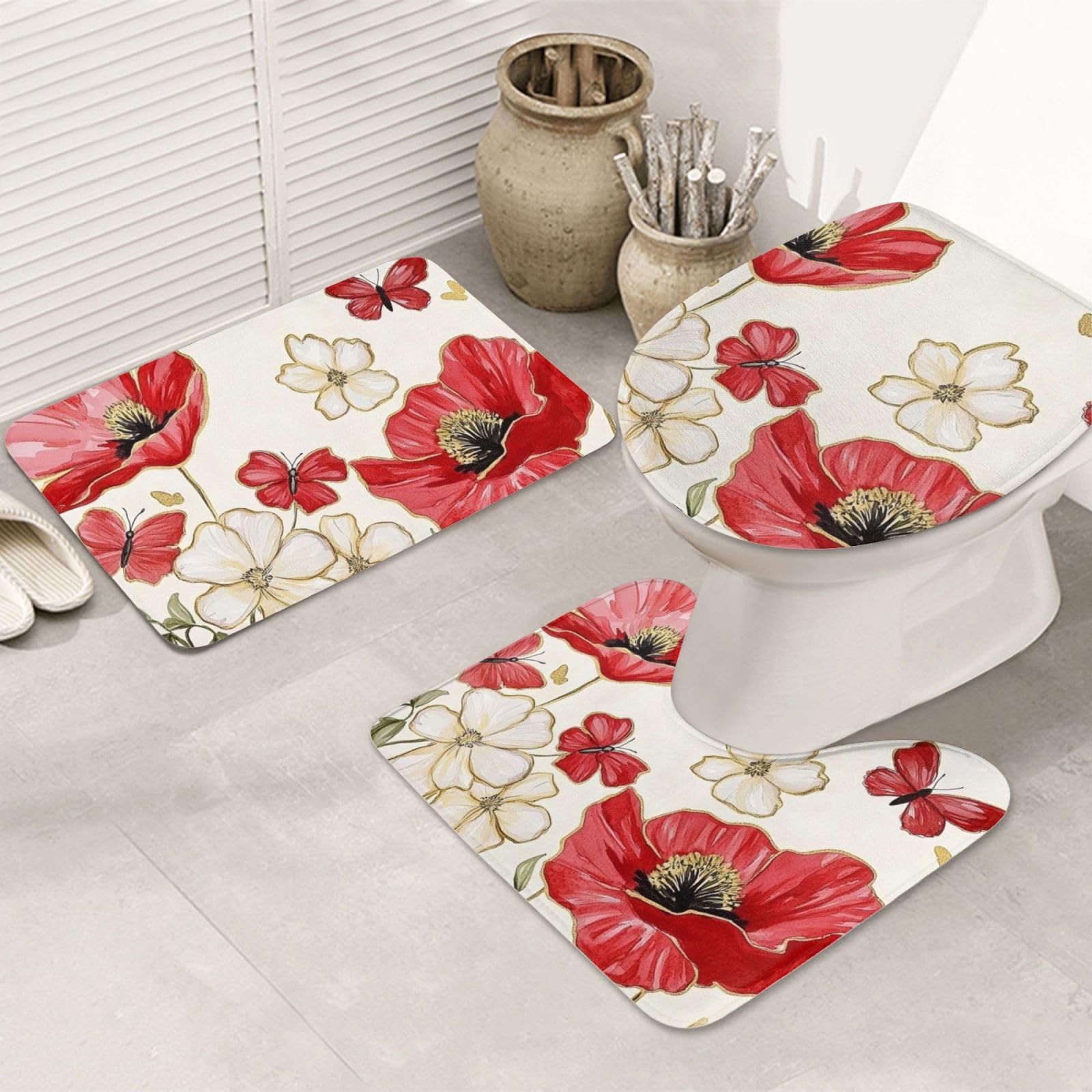Alfombras de baño con flores juego de 3 piezas antideslizantes de microfibra