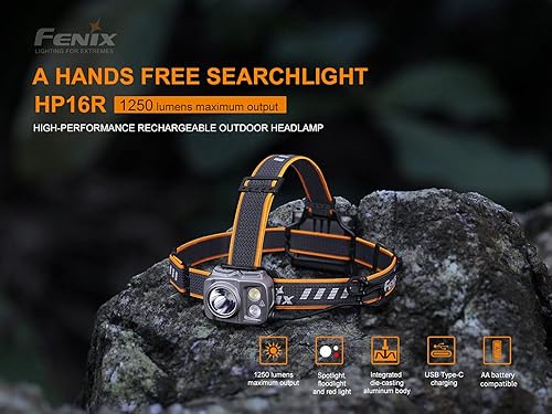 Miniatura 3 de Fenix HP16R - Linterna frontal recargable, foco de 1250 lúmenes, reflector de 400 lúmenes y luz roja con organizador Lumentac AA